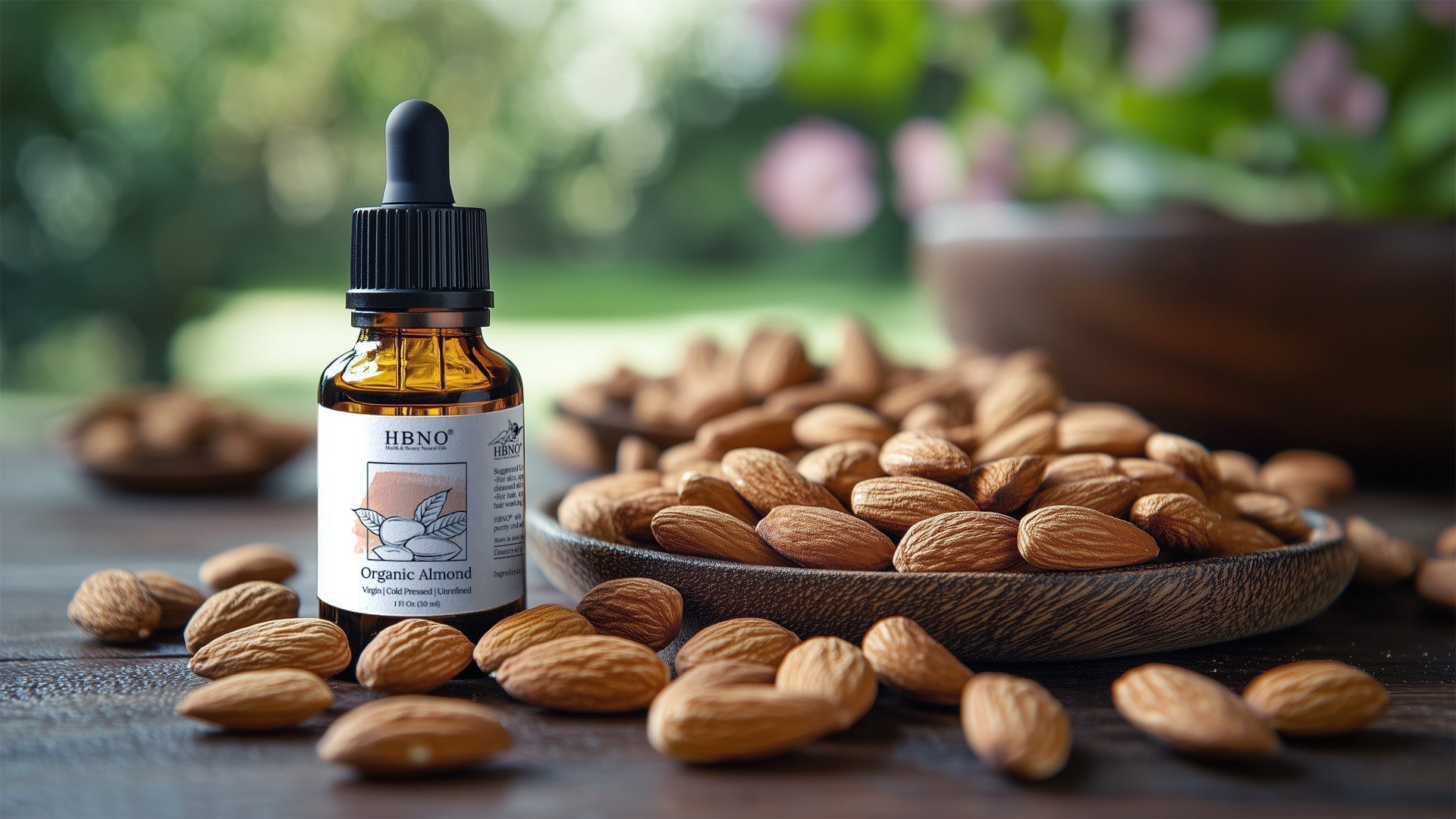 glass bottles filled with oil and almonds scattered on the wooden plate