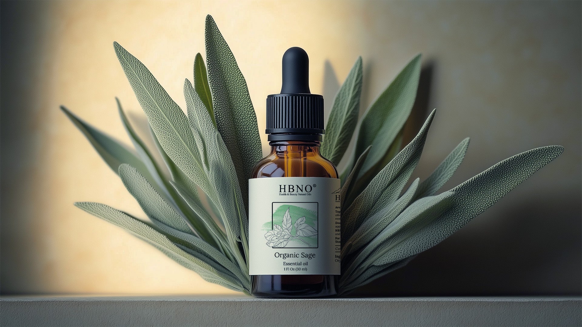 Bottle filled with sage oil kept on the table with scattered green leaves