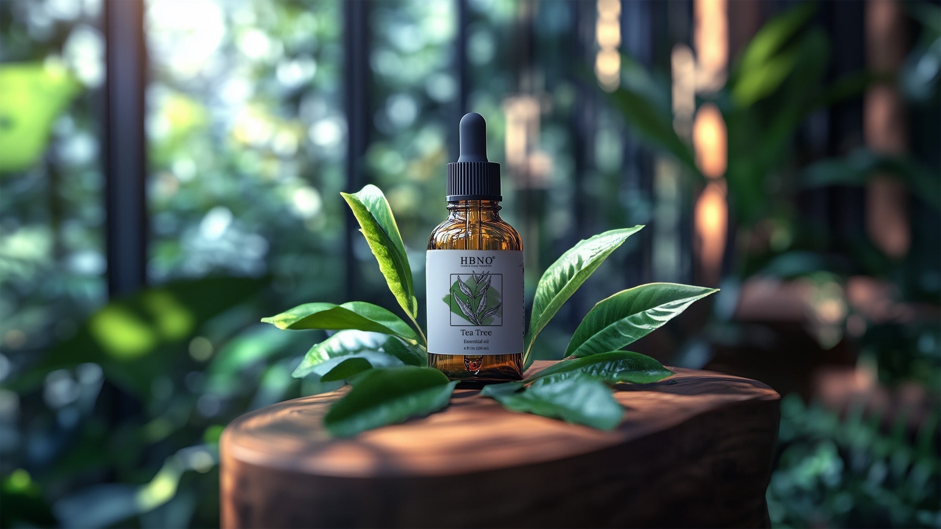 Tea Tree Oil in a bottle along with Tea Tree Plant